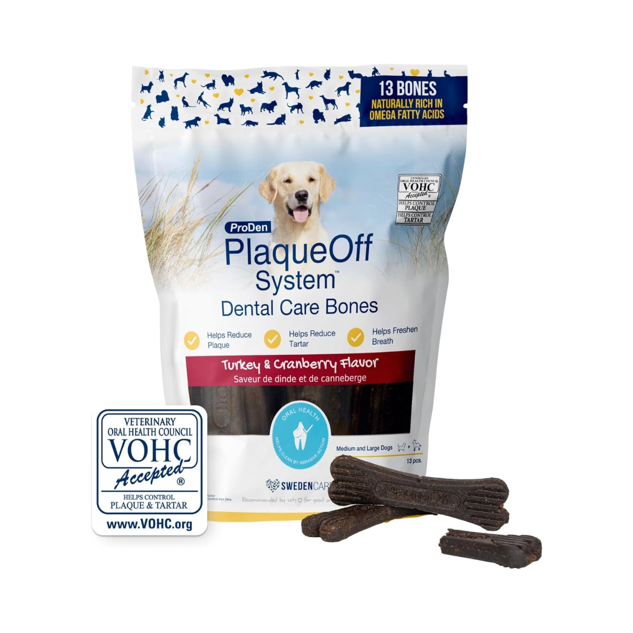 ProDen PlaqueOff 13 Dental Bones for Medium & Large Dogs Tartar, Plaque & Bad Breath Remover, Improves Overall Oral Health Flavour(Turkey & Cranberry)