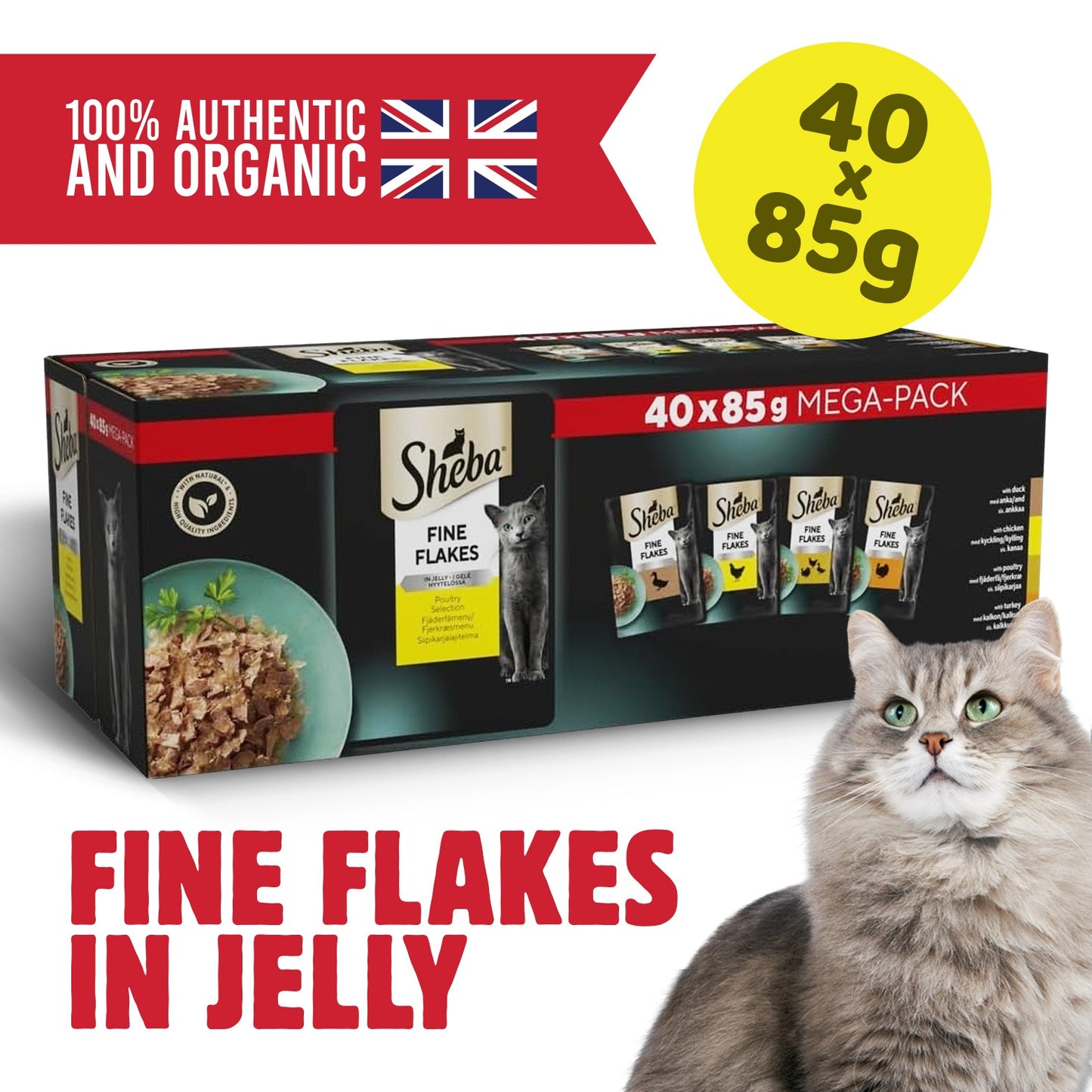 Sheba Fine Flakes in Jelly – Poultry Collection – Wet cat food pouches for adult cats – 40x85g pack